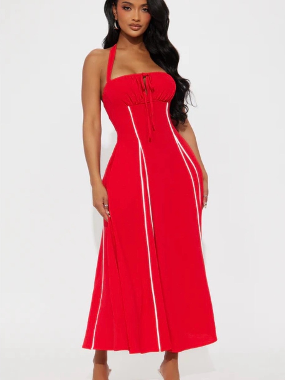 Red Halter Maxi Dress with White Piping